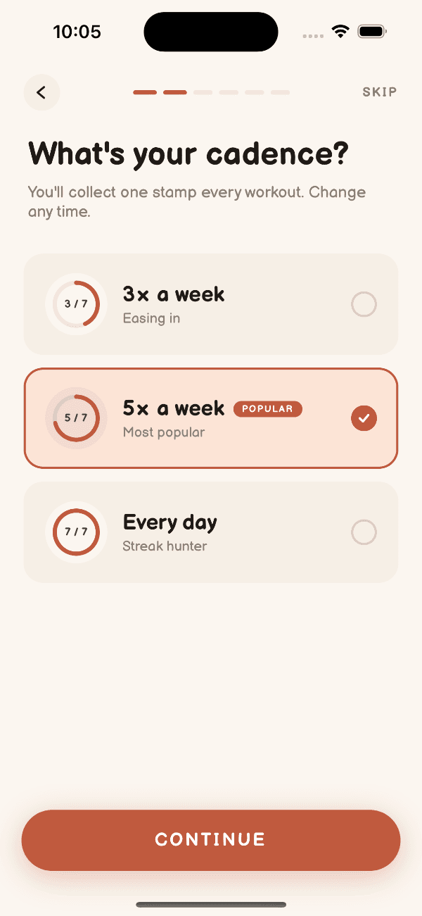 Cadence selection screen with workout frequency options