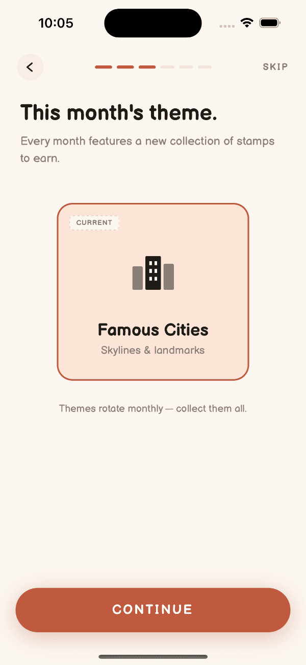 This month's theme screen showing Famous Cities collection with illustrated city skylines