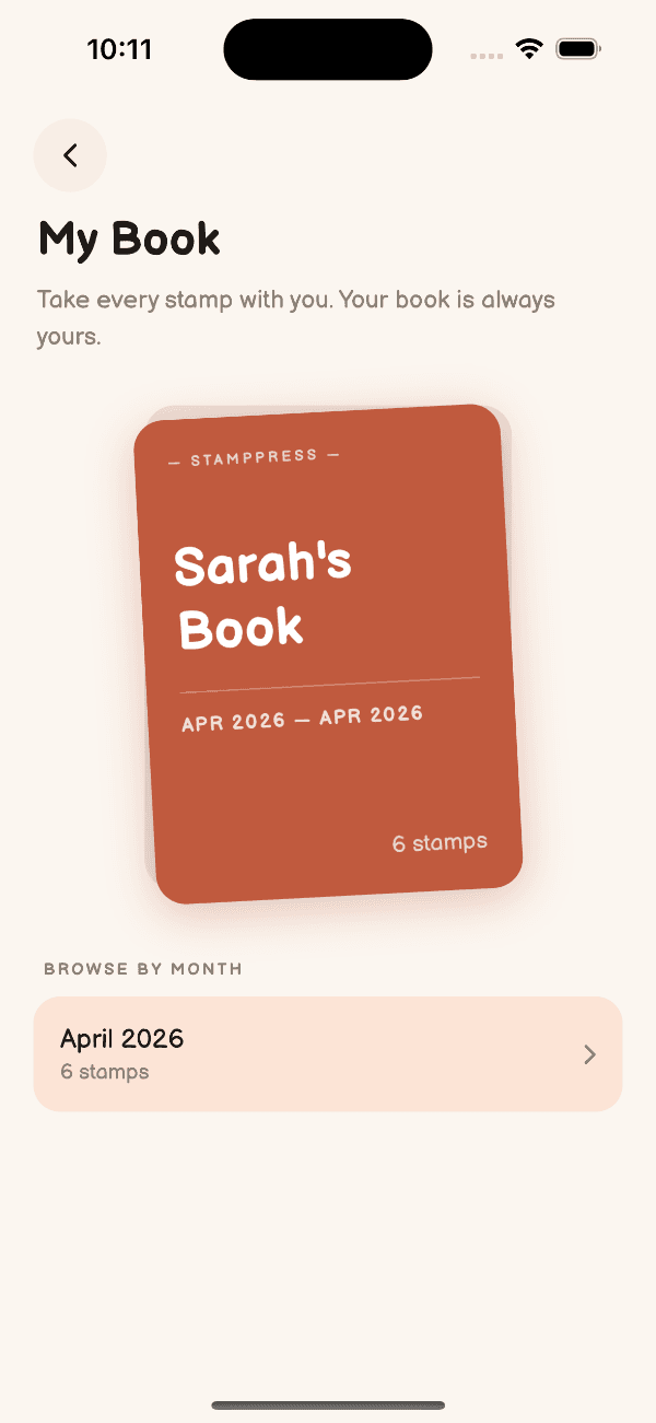Personal stamp book view showing collected stamps organized by month