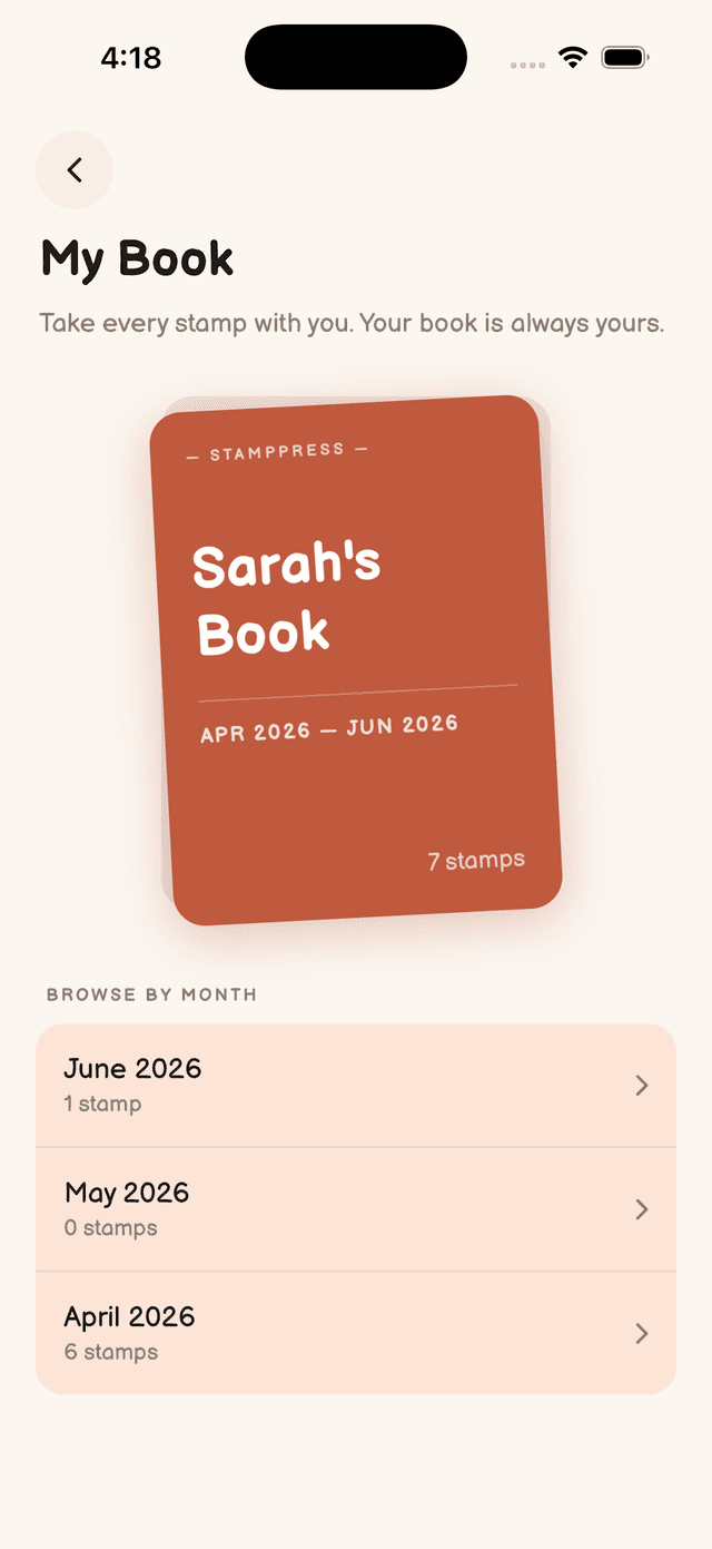 Personal stamp book in Stamppress showing months of completed workouts, a collectible workout tracker for iPhone